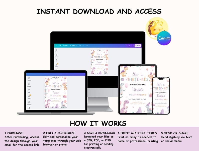 May include: A digital download product displayed on a laptop, desktop, tablet, and phone. The screens show a birthday party invitation with a dinosaur theme. Text includes "She's a THREE-REX" and "Instant Download and Access".