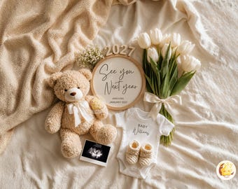 Schwangerschaftsankündigung bearbeitbare Canva-Vorlage Bis zum nächsten Jahr Baby offenbaren Neutral Teddybär Social Media Babyankündigung 2027