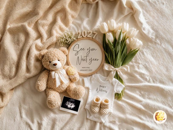 Pregnancy Announcement Editable Canva Template See You Next Year Baby Reveal Neutral Teddy Bear Social Media Baby Announcement 2027