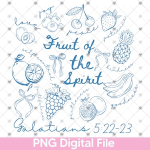 Puede incluir: Ilustración en línea azul que presenta varias frutas como arándanos, cerezas y una piña, junto con el texto "Fruit of the Spirit" y "Gálatas 5:22-23". El diseño incluye palabras como "alegría", "amor" y "paciencia".