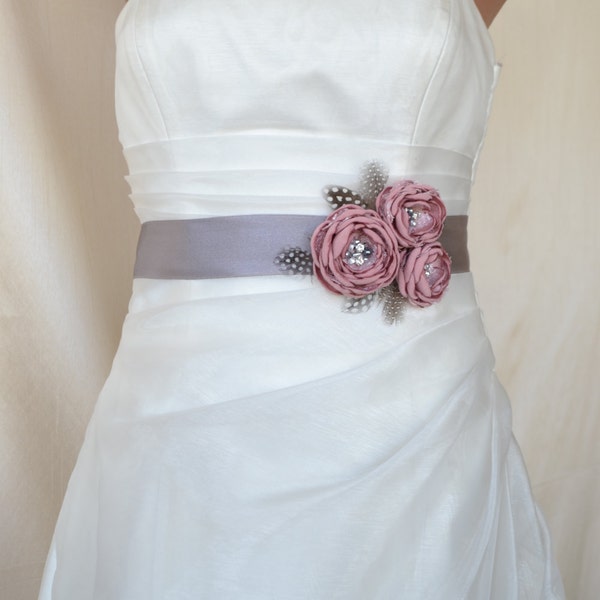 Handcrafted Pink and Grey Three Flowers With Feathers Wedding Bridal Sash Belt