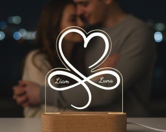 Herzförmiges Unendlichkeitssymbol-Nachtlicht, Paar-Themen-Anpassungslicht mit zwei Namen, LED-Warm- und Regenbogenlampe, Geschenk für Paare / Jungvermählten