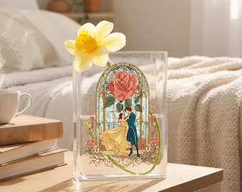 Die Schöne und das Biest Acryl Büchervase, Märchenbuchvase mit individuellem Namen, klassische Literatur Bücherregal Dekor, romantisches Geschenk für Buchliebhaber