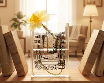 Line-Art Bibliothek Acryl-Büchervase, Bibliotheksvase mit benutzerdefiniertem Namen, gemütliche Leseecke-Dekoration, Aquarell Geschenk für Buchliebhaber