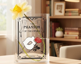 Das Phantom der Oper, personalisierte Acryl-Buchvase, Maske und Rosenvase mit individuellem Namen, Literatur- / Bücherregaldekoration, Geschenk für Buchliebhaber