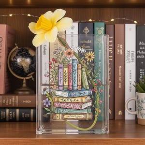 Books and Flowers Acrylic Book Vase, Floral Book Stack Vase with Custom Name, Colorful Bookshelf Decoration, Watercolor Gift for Book Lovers