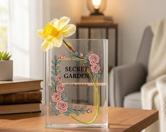 Secret Garden Acryl Büchervase, Floral Buchvase mit individueller Nachricht, Rose Vines Dekoration Geschenk für Mama, botanisches Geschenk für Buchliebhaber