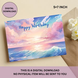 Tarjeta de feliz cumpleaños, tarjeta de cumpleaños, tarjeta, imagen del mar, paisaje, azul, mar, tarjeta imprimible, descarga digital