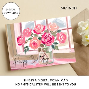 Watercolor Pink Roses birthday Card | Vase Floral PDF | Flower happy birthday Card | Digital Download