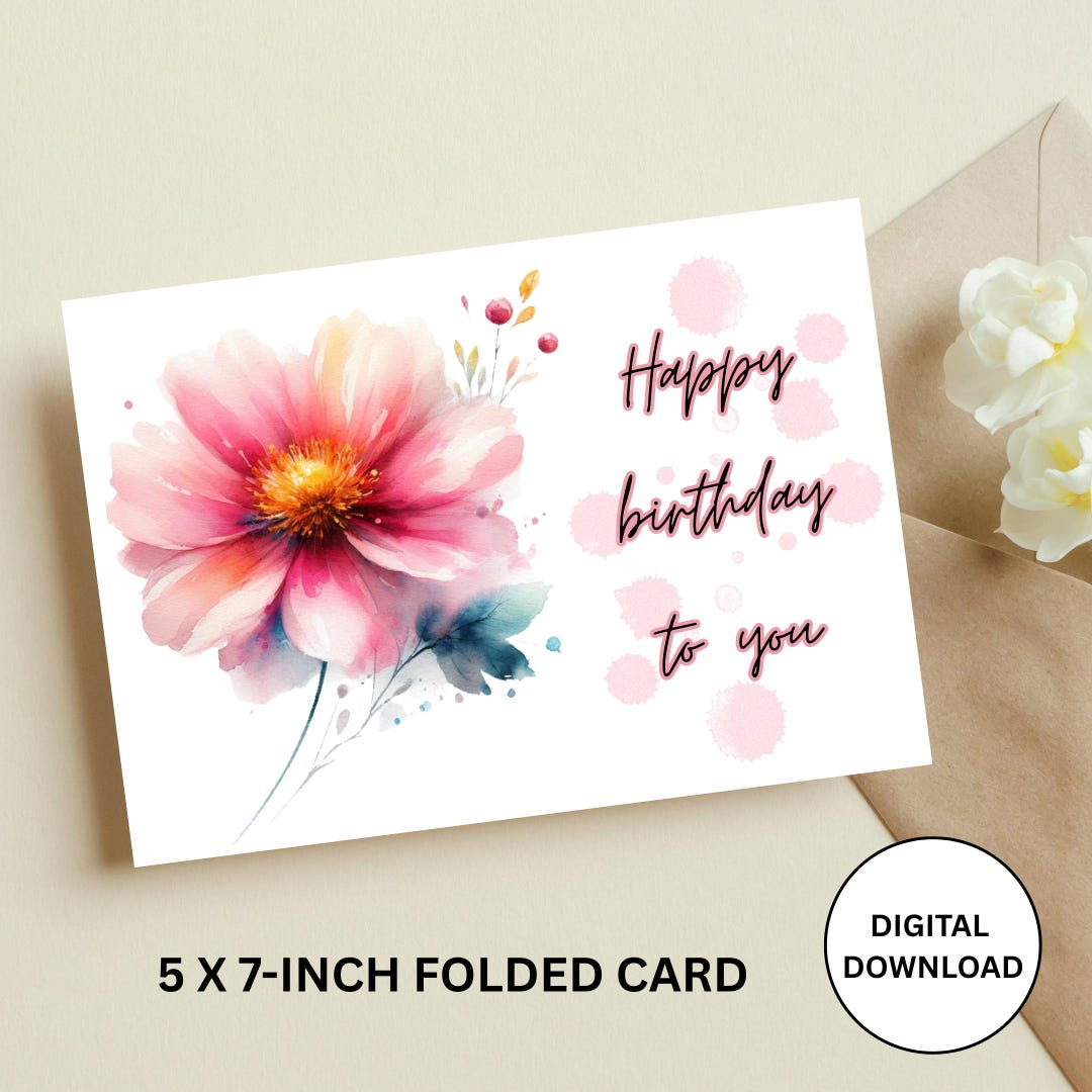 Printable Birthday Card | Watercolor Pink Floral Card | Digital ...