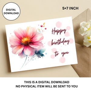 Cartão de aniversário floral rosa em aquarela | Cartão de aniversário para impressão | Arquivo digital