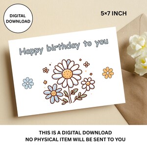 Cartão de Aniversário Floral Azul Fofo | Saudação Digital para Imprimir