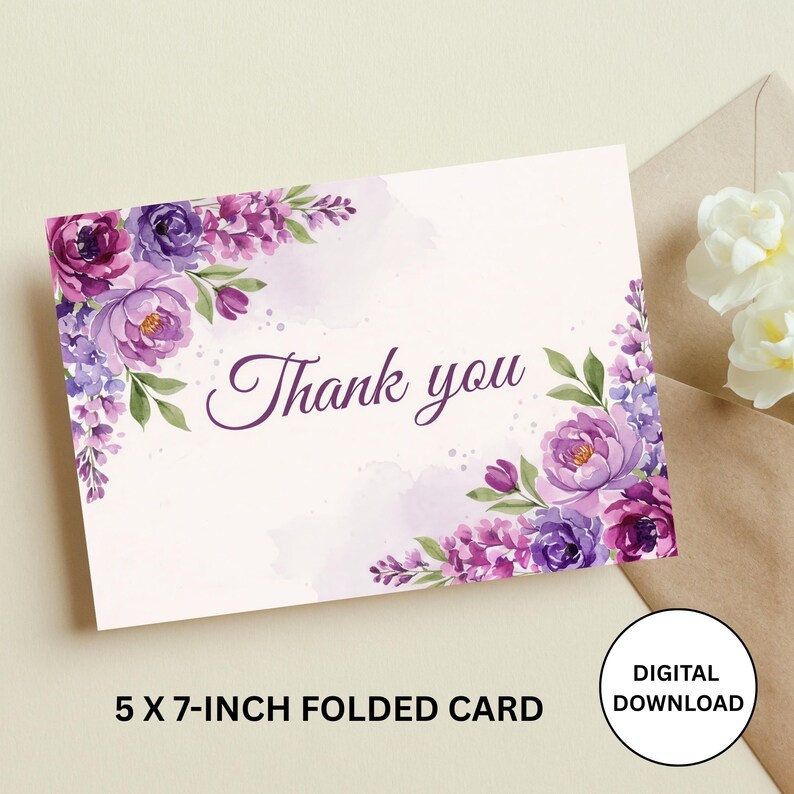 Printable Thank You Card | Purple Watercolor Floral | 5×7 Folded Card ...