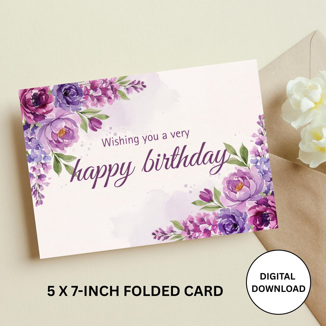 Printable Purple Floral Birthday Card | Watercolor Design (digital ...