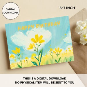 carte d'anniversaire, carte de joyeux anniversaire, carte d'anniversaire imprimable, téléchargement numérique, carte d'anniversaire de fleur jaune, carte d'anniversaire florale, nuage