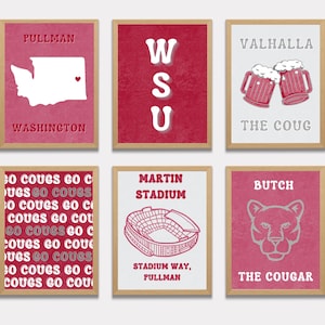 Washington State Universität Digitaldrucke | WSU Uni Dekor | Hochrot und Grau | College Drucke | Sofortdownload | 6er SET