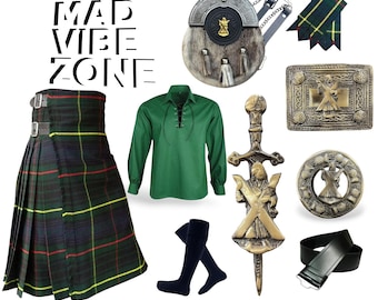 Conjunto de 9 peças de kilt de lã escocesa, traje Highland Wear em mais de 50 opções de tartã