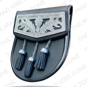 Scottish Black Leather Sporran – Celtic Thistle Cantle | Highland Kilt Accessory for Men