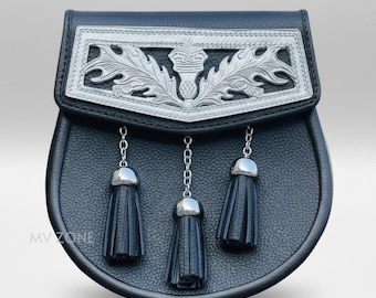 Sporran per kilt scozzese in pelle nera fatto a mano - Accessorio per kilt delle Highlands
