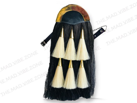 Black Horse Hair Kilt Sporran – Stag Head Cantle & 6 White Tassels