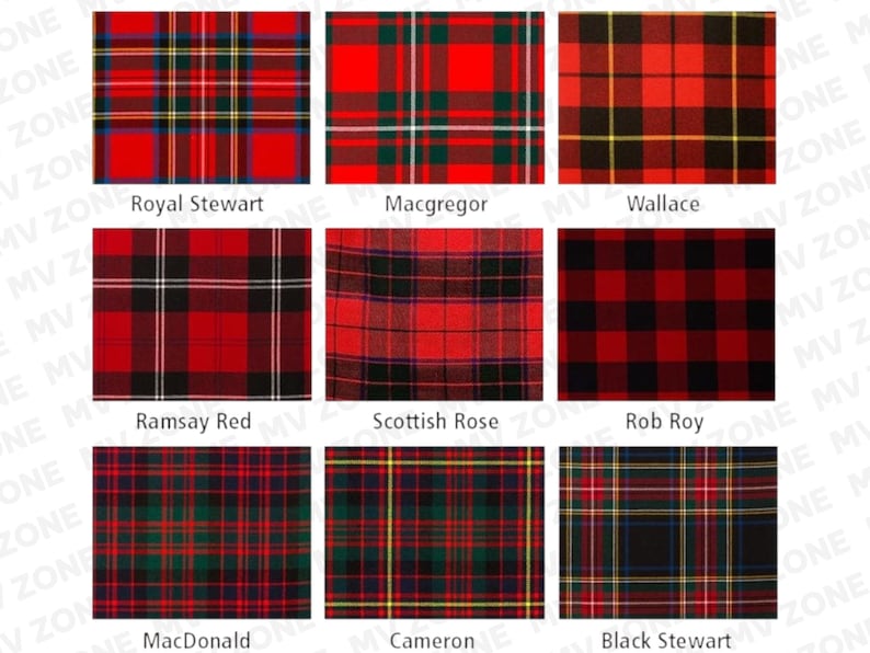 Pu&ograve; includere: Sono presentati nove diversi motivi tartan, ciascuno in formato quadrato. I tartan presentano varie combinazioni di rosso, verde, nero, giallo e bianco. Ogni motivo &egrave; etichettato con il suo nome, tra cui Royal Stewart, Macgregor e Wallace.
