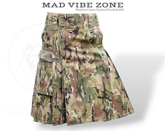 Könnte beinhalten: Moderner Camo Tactical Scottish Kilt mit einem Tarnmuster in Grün-, Braun- und Beigetönen. Der Kilt hat Taschen, Falten und Knöpfe. Der Text "MAD VIBE ZONE" und "Modern Camo Tactical Scottish Kilt" sind sichtbar.