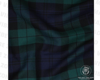 Puede incluir: Primer plano de una tela con un patrón de cuadros en tonos verdes y azul marino. La tela tiene un aspecto texturizado con hilos tejidos visibles. El logotipo de The Mad Vibe Zone está en la esquina inferior derecha.