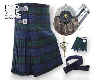 Handmade 8 Yard Scottish Wool Kilt Set with Sporran pin flashes & Belt