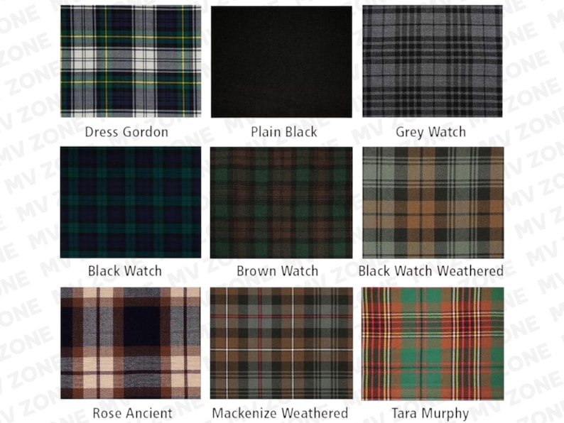 Pu&ograve; includere: Nove campioni di tessuto con vari motivi a quadri. I campioni includono Dress Gordon, Plain Black, Grey Watch, Black Watch, Brown Watch, Black Watch Weathered, Rose Ancient, Mackenzie Weathered e Tara Murphy.
