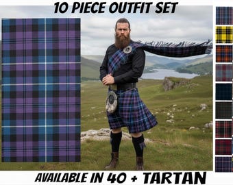 Handmade Scottish Tartan Kilt Outfit 10-Piece Bagpiper Set Available in 40 + Tartans