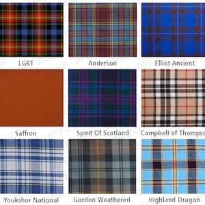 Pu&ograve; includere: Nove campioni di tessuto con vari motivi a quadri. I campioni includono i nomi: LGBT, Anderson, Elliot Ancient, Saffron, Spirit Of Scotland, Campbell of Thompson, Youkshor National, Gordon Weathered e Highland Dragon.