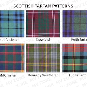 Pu&ograve; includere: Immagine che mostra sei diversi modelli di tartan scozzese. Ogni modello presenta una combinazione unica di colori e design a griglia, con nomi come "Keith Ancient" e "USMC Tartan" visualizzati sotto ogni campione. I modelli sono vibranti e dettagliati.