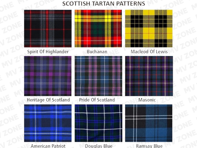 Pu&ograve; includere: Una collezione di nove modelli scozzesi di tartan, ognuno con un design e una combinazione di colori unici. I modelli includono Spirit of Highlander, Buchanan, Macleod of Lewis, Heritage of Scotland, Pride of Scotland, Masonic, American Patriot, Douglas Blue e Ramsay Blue.