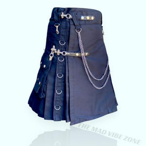 Black Gothic Utility Kilt Scottish Hybrid Style Heavy-Duty Cotton Chain Strap Style
