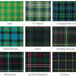 Pu&ograve; includere: Vengono presentati nove diversi motivi tartan, ciascuno in formato rettangolare. I tartan includono Irish, St. Patrick, Campbell Ancient, Gunn Ancient, Gunn, Hunting Stewart, Mackenzie, Scottish National e Gordon.