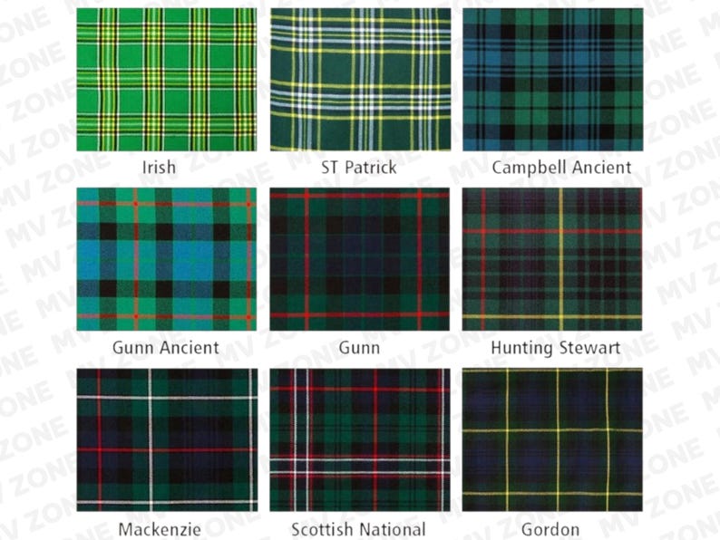 Pu&ograve; includere: Vengono presentati nove diversi motivi tartan, ciascuno in formato rettangolare. I tartan includono Irish, St. Patrick, Campbell Ancient, Gunn Ancient, Gunn, Hunting Stewart, Mackenzie, Scottish National e Gordon.