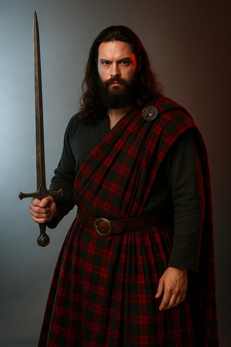 Pu&ograve; includere: Una persona in abiti tradizionali scozzesi, con una lunga spada. L'outfit include un kilt e uno scialle a quadri rossi e neri, una camicia scura a maniche lunghe e una cintura di cuoio marrone. Una spilla decorativa fissa lo scialle.