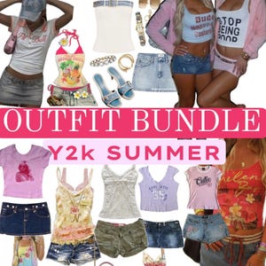 Y2K Sommer-Outfit-Set | Personalisierte Überraschungsbox aus Secondhand-Läden, Hüftjeans, Glitzerrock