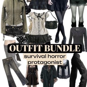 Könnte beinhalten: Eine Sammlung von Kleidungsstücken mit der Aufschrift OUTFIT BUNDLE survival horror protagonist, darunter ein gestreiftes Langarmshirt, ein schwarzes Unterhemd, ein kariertes Hemd, eine olivgrüne Jacke, Jeansshorts, eine weiße Bluse, ein schwarzer Rock, Jeans und Cargohosen.