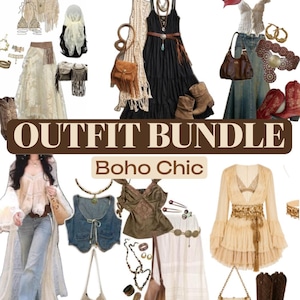 Op de afbeelding: Een collectie kleding en accessoires met het label OUTFIT BUNDLE Boho Chic, met diverse jurken, rokken, spijkerjasjes, tops, vesten, handtassen, cowboylaarzen en sieraden weergegeven in een collageformaat voor outfitinspiratie.