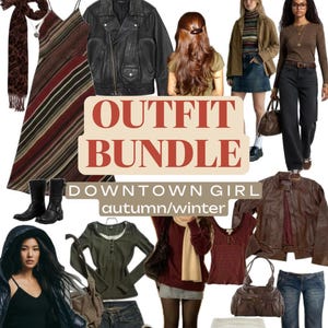 Op de afbeelding: Een collectie kledingstukken waaronder een gestreepte midi-jurk, leren jassen, gebreide truien, spijkerbroeken, geruite overhemden en diverse accessoires zoals sjaals, handtassen en sneakers, gepresenteerd als een outfitbundel voor herfst en winter.