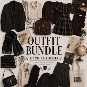 Puede incluir: Una colección de ropa y accesorios dark academia que incluye un blazer marrón, un vestido a cuadros, jerséis de punto trenzado, un bolso de cuero marrón, una bufanda negra, una camisa crema, una falda negra, un bolso de tela, gafas, un reloj de bolsillo y libros.