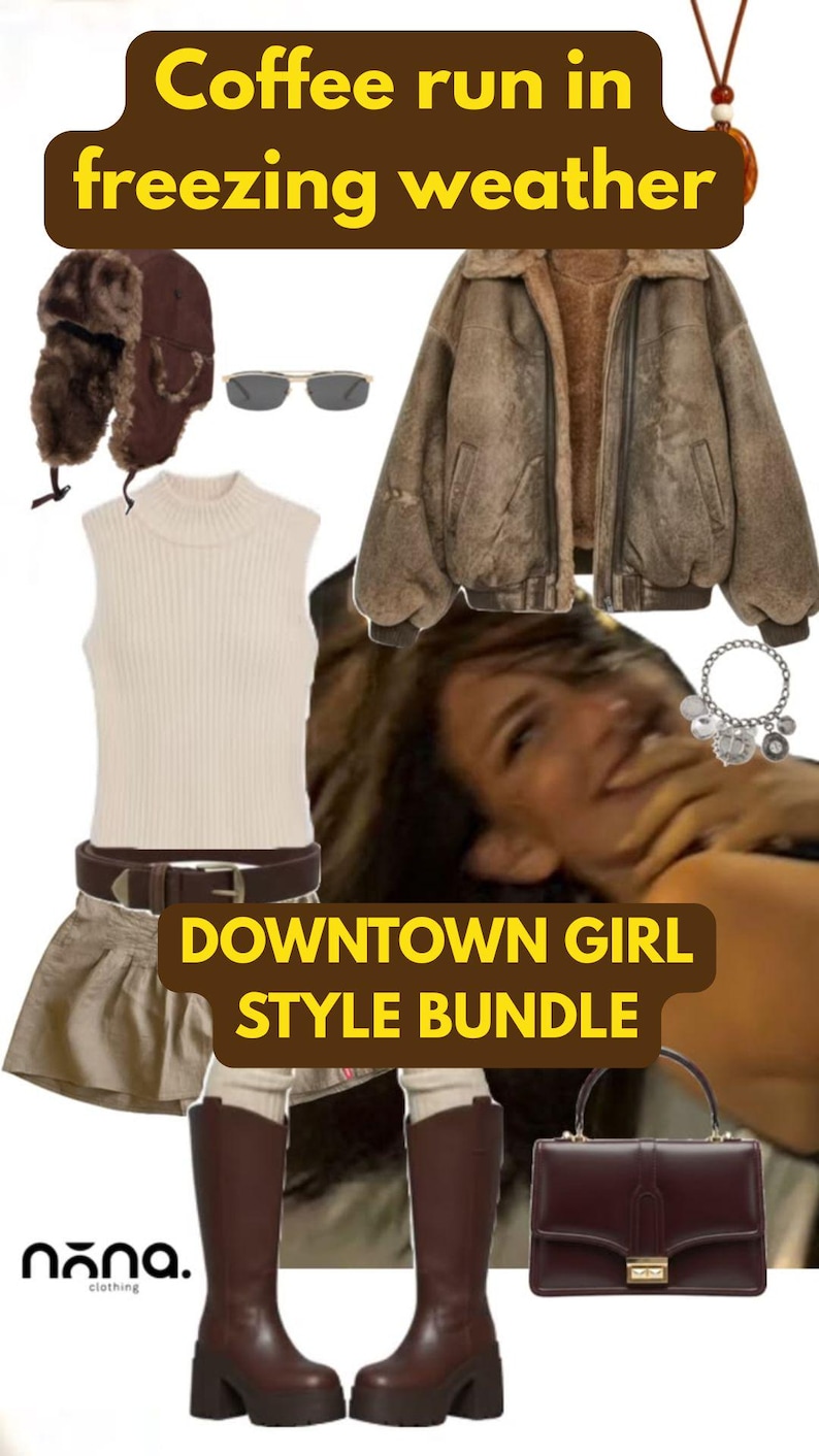 May include: A clothing collection featuring a brown faux fur trapper hat, beige sleeveless mock neck top, brown leather belt, tan skirt, brown bomber jacket with faux fur lining, brown platform boots, a dark red handbag, sunglasses, and a charm bracelet.