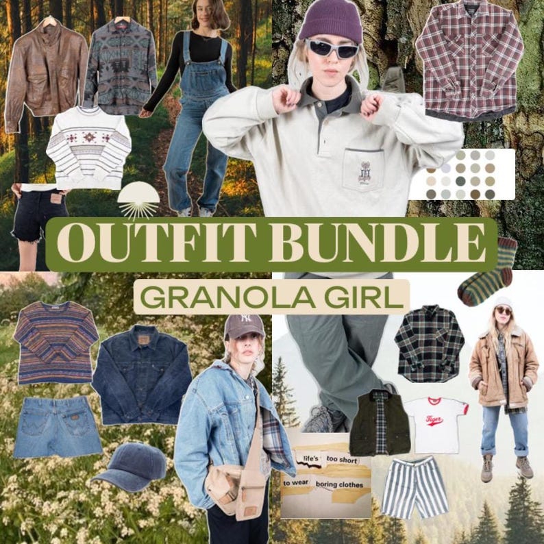 May include: A collection of clothing items including a brown leather jacket, patterned shirts, denim overalls, a white sweater, black shorts, a beige polo, a purple beanie, a plaid shirt, a striped sweater, a denim jacket, a baseball cap, and a bag.