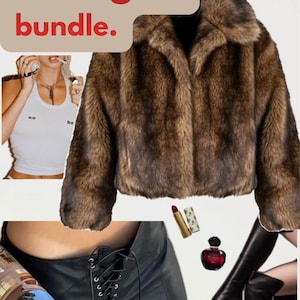 May include: A brown faux fur jacket, black lace-up trousers, black high-heeled boots, a red patent leather handbag, gold drop earrings, a gold necklace, a white tank top, a lipstick tube, and a perfume bottle with the text Get the cool-girl bundle.