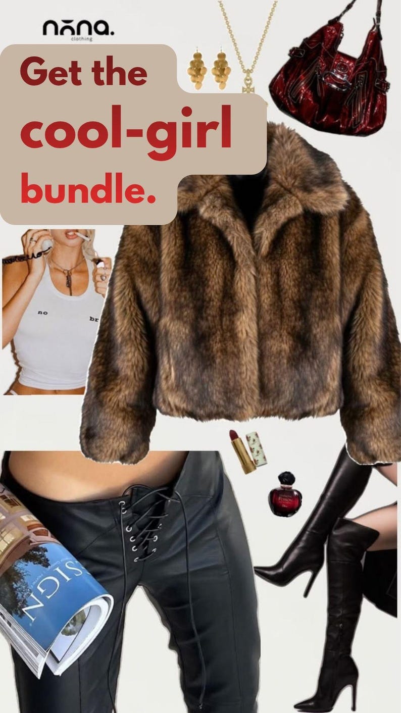 May include: A brown faux fur jacket, black lace-up trousers, black high-heeled boots, a red patent leather handbag, gold drop earrings, a gold necklace, a white tank top, a lipstick tube, and a perfume bottle with the text Get the cool-girl bundle.