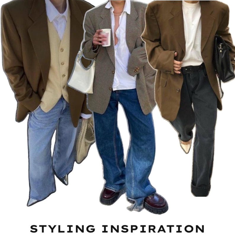 May include: Three outfits featuring oversized blazers in brown and grey tones paired with white shirts, a beige vest, blue denim jeans, and dark grey trousers. The image includes the text STYLING INSPIRATION at the bottom, showcasing layered clothing.