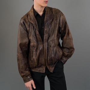 80s Vintage brown leather Bomber Jacket - Distressed button Up Moto Jacket - Aviator jacket Leather jacket Man Size L
