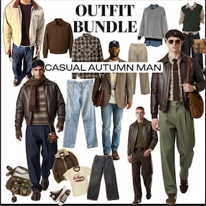 Può includere: Un set di abbigliamento etichettato OUTFIT BUNDLE CASUAL AUTUMN MAN che include vari articoli come giacche in pelle marrone, camicie a quadri, maglioni, jeans, pantaloni color kaki, pantaloni verde oliva, un berretto, un basco e una borsa.