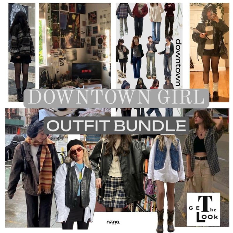 May include: A collage of various outfits featuring leather jackets, plaid skirts, denim vests, oversized sweaters, and button-down shirts. The text DOWNTOWN GIRL OUTFIT BUNDLE and GET THE LOOK is displayed over the images of clothing and accessories.